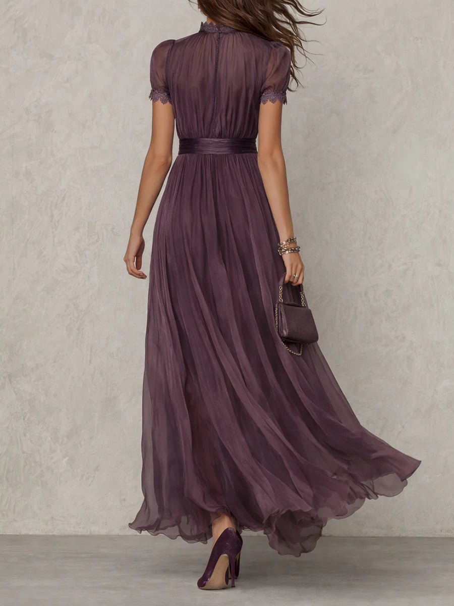 Dames Korte Mouw Keyhole Kanten Chiffon Maxi Jurk
