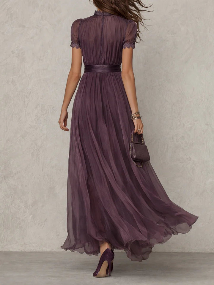 Dames Korte Mouw Keyhole Kanten Chiffon Maxi Jurk