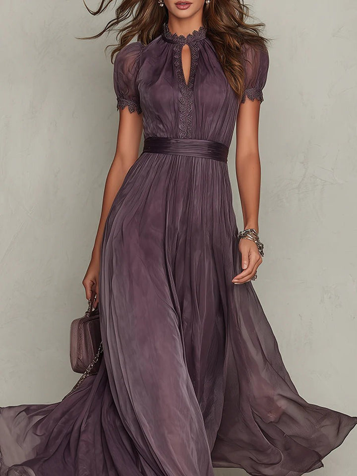 Dames Korte Mouw Keyhole Kanten Chiffon Maxi Jurk