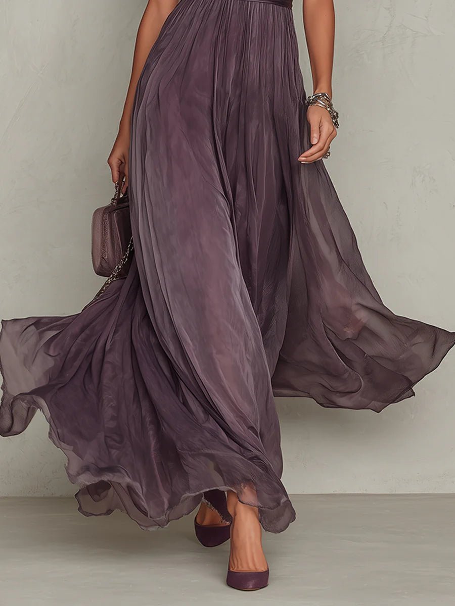 Dames Korte Mouw Keyhole Kanten Chiffon Maxi Jurk