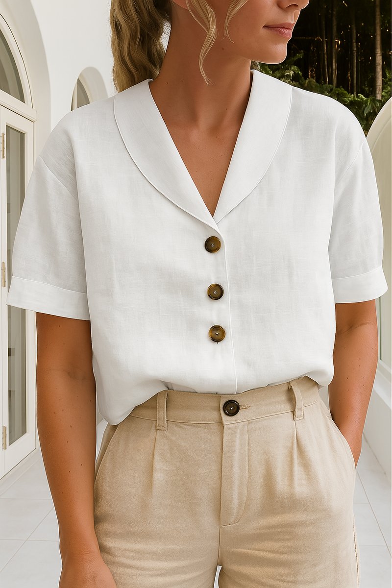 Dames Korte Mouw Knoopsluiting Relaxed-Fit Blouse - White