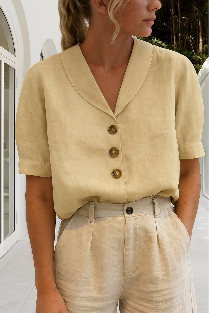 Dames Korte Mouw Knoopsluiting Relaxed-Fit Blouse - Beige