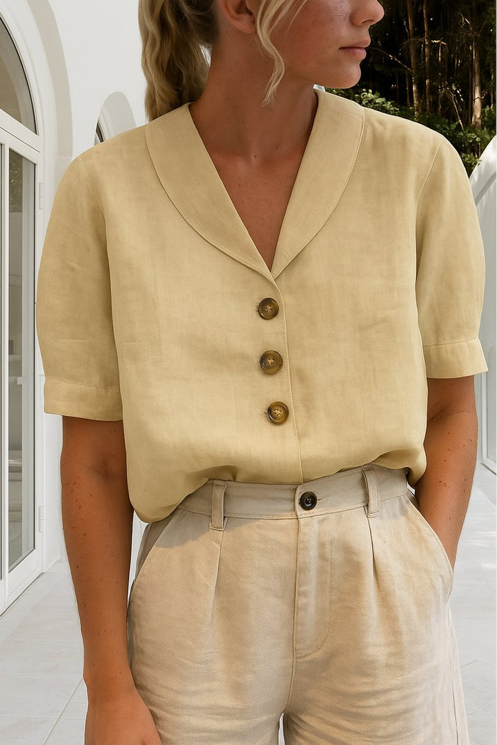 Dames Korte Mouw Knoopsluiting Relaxed-Fit Blouse - Beige