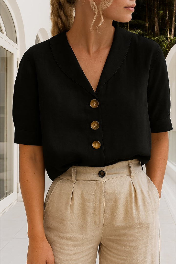 Dames Korte Mouw Knoopsluiting Relaxed-Fit Blouse - Black