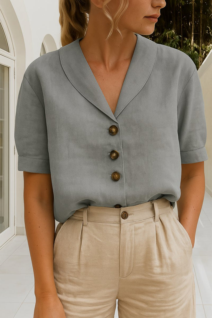 Dames Korte Mouw Knoopsluiting Relaxed-Fit Blouse - Grey