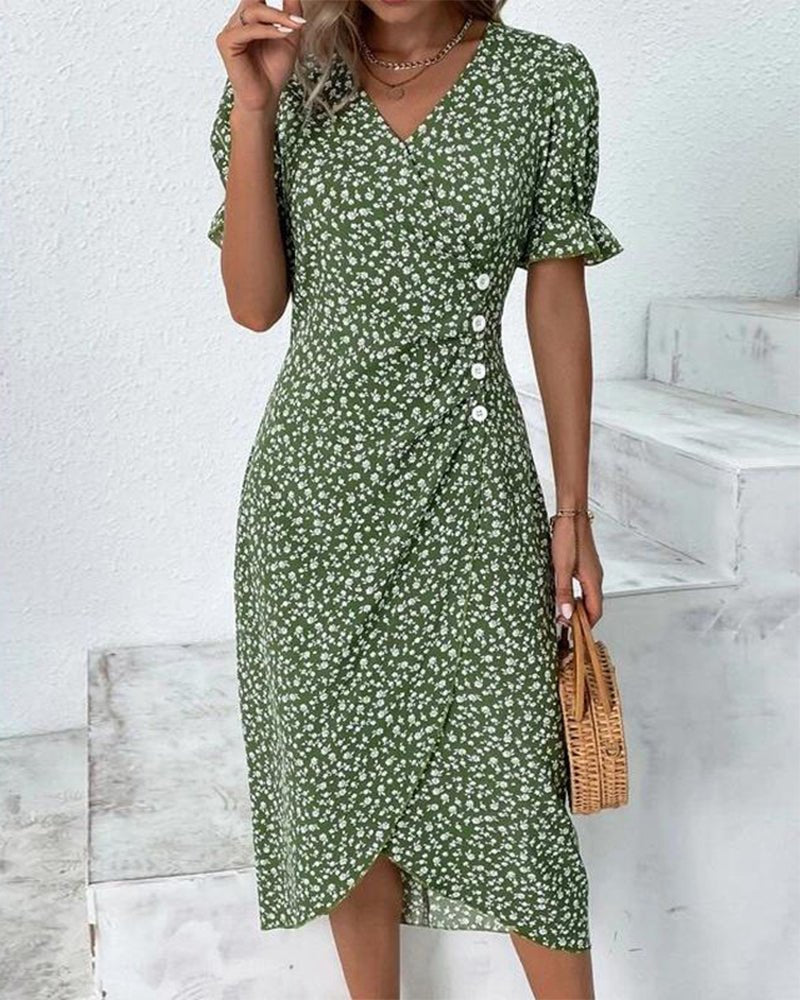 Dames Korte Mouw Midi Wikkel Jurk - Green