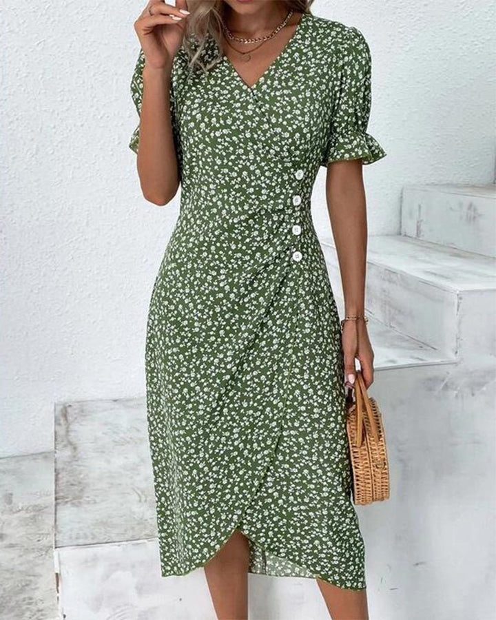 Dames Korte Mouw Midi Wikkel Jurk - Green