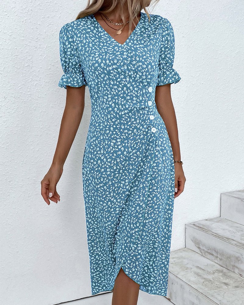 Dames Korte Mouw Midi Wikkel Jurk - Blue