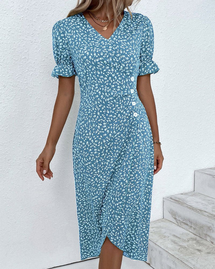Dames Korte Mouw Midi Wikkel Jurk - Blue
