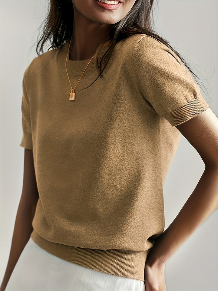 Dames Korte Mouw Ronde Hals Casual Knit Sweater Top - Aardtint