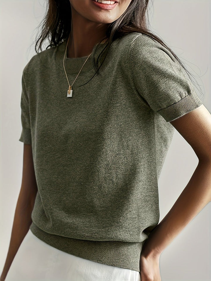 Dames Korte Mouw Ronde Hals Casual Knit Sweater Top - Olijfgroen