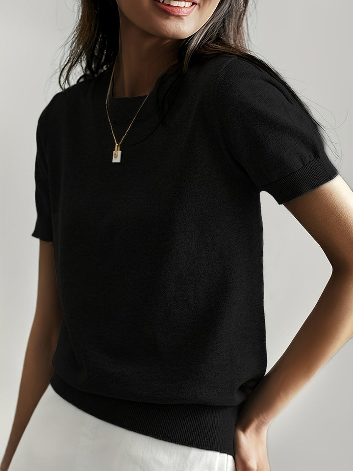 Dames Korte Mouw Ronde Hals Casual Knit Sweater Top - Zwart