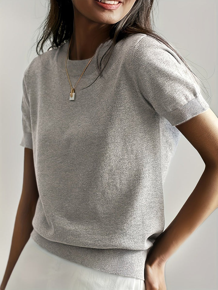 Dames Korte Mouw Ronde Hals Casual Knit Sweater Top - Lichtgrijs