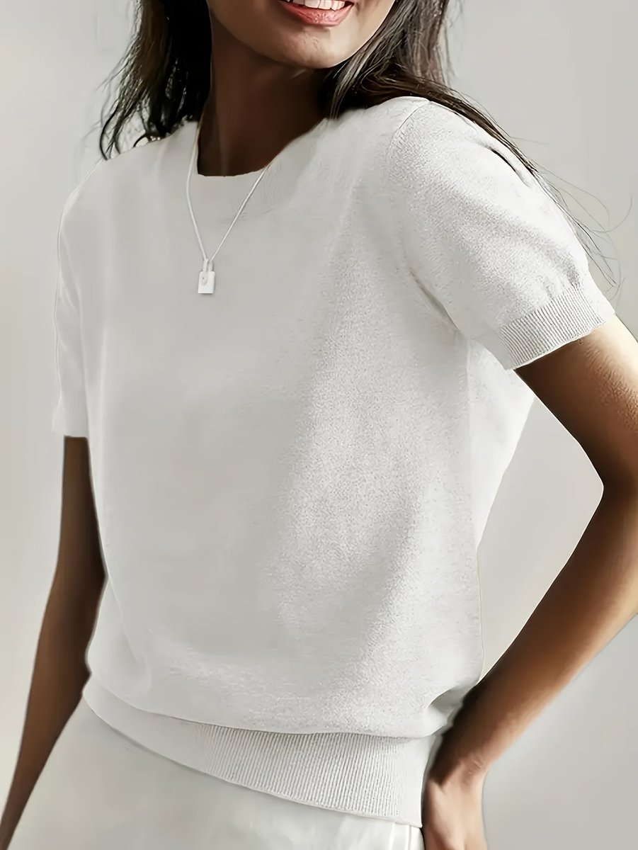 Dames Korte Mouw Ronde Hals Casual Knit Sweater Top - Wit