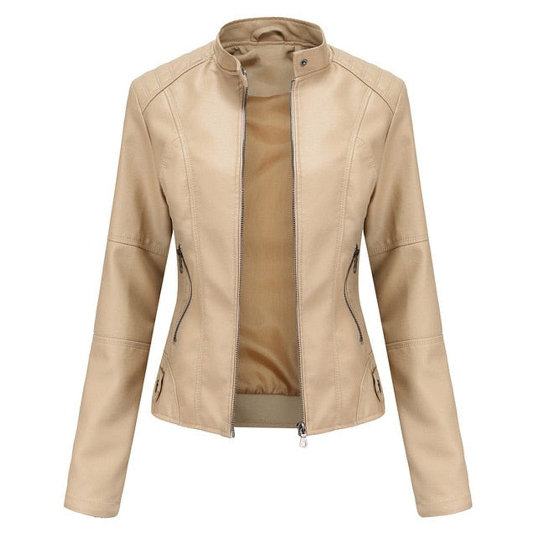 Dames Korte Ritssluiting Kunstleren Leather Jacket Staande Kraag - Beige