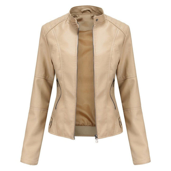Dames Korte Ritssluiting Kunstleren Leather Jacket Staande Kraag - Beige