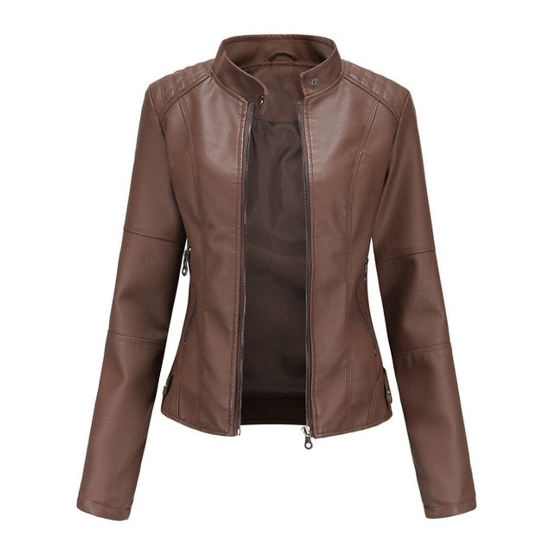 Dames Korte Ritssluiting Kunstleren Leather Jacket Staande Kraag - Bruin