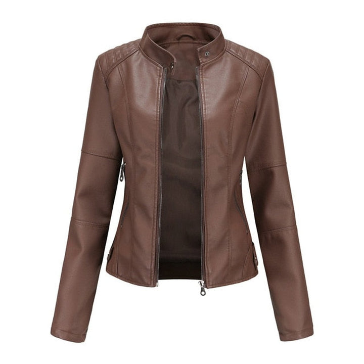 Dames Korte Ritssluiting Kunstleren Leather Jacket Staande Kraag - Bruin