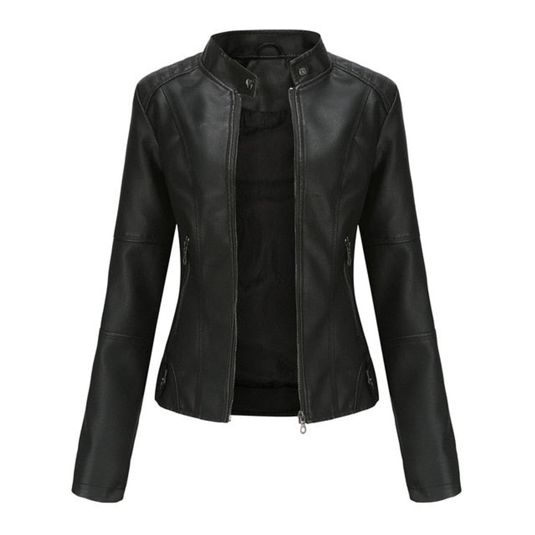 Dames Korte Ritssluiting Kunstleren Leather Jacket Staande Kraag - Zwart