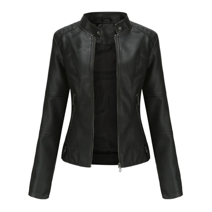 Dames Korte Ritssluiting Kunstleren Leather Jacket Staande Kraag - Zwart