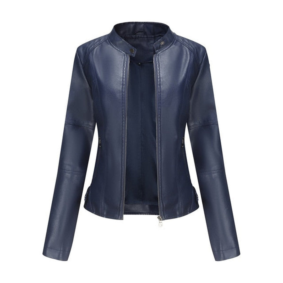 Dames Korte Ritssluiting Kunstleren Leather Jacket Staande Kraag - Blauw