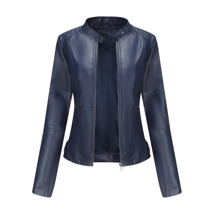 Dames Korte Ritssluiting Kunstleren Leather Jacket Staande Kraag - Blauw