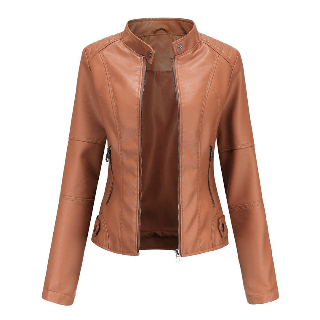 Dames Korte Ritssluiting Kunstleren Leather Jacket Staande Kraag - Roodbruin