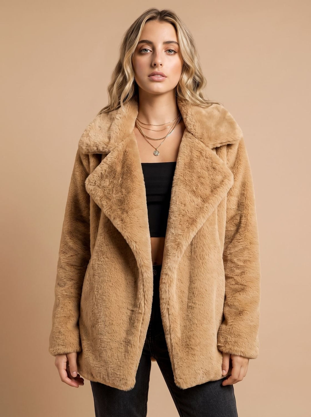 Dames Korte Teddy Jas met Brede Revers Kraag Open Voorkant - Khaki
