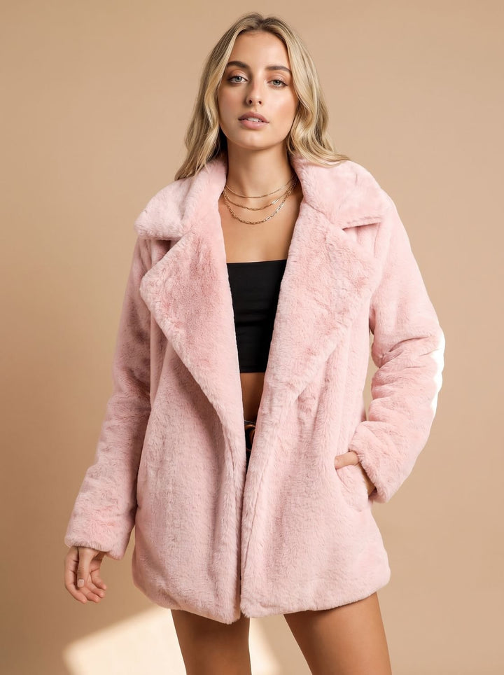 Dames Korte Teddy Jas met Brede Revers Kraag Open Voorkant - Roze