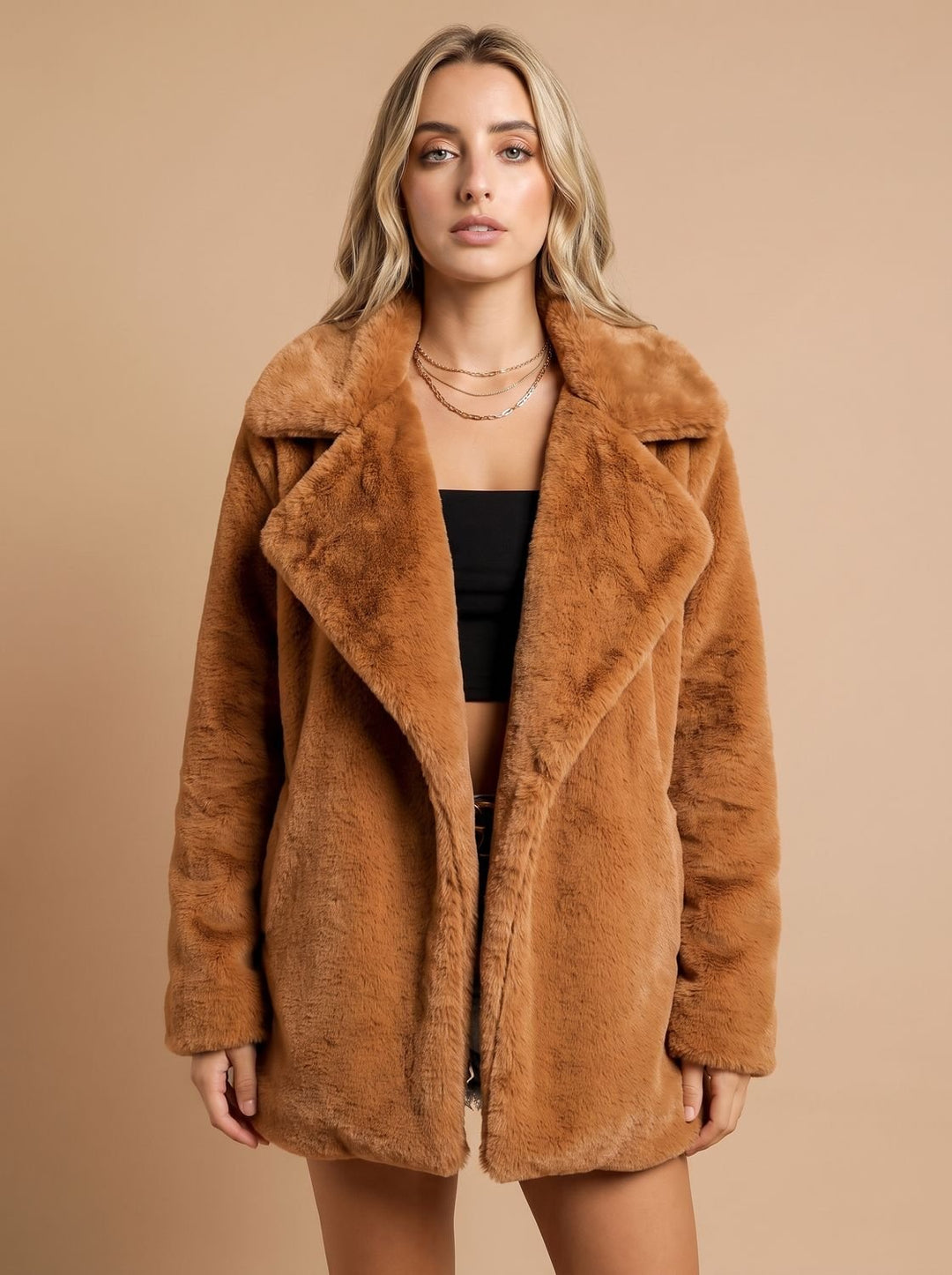Dames Korte Teddy Jas met Brede Revers Kraag Open Voorkant - Camel