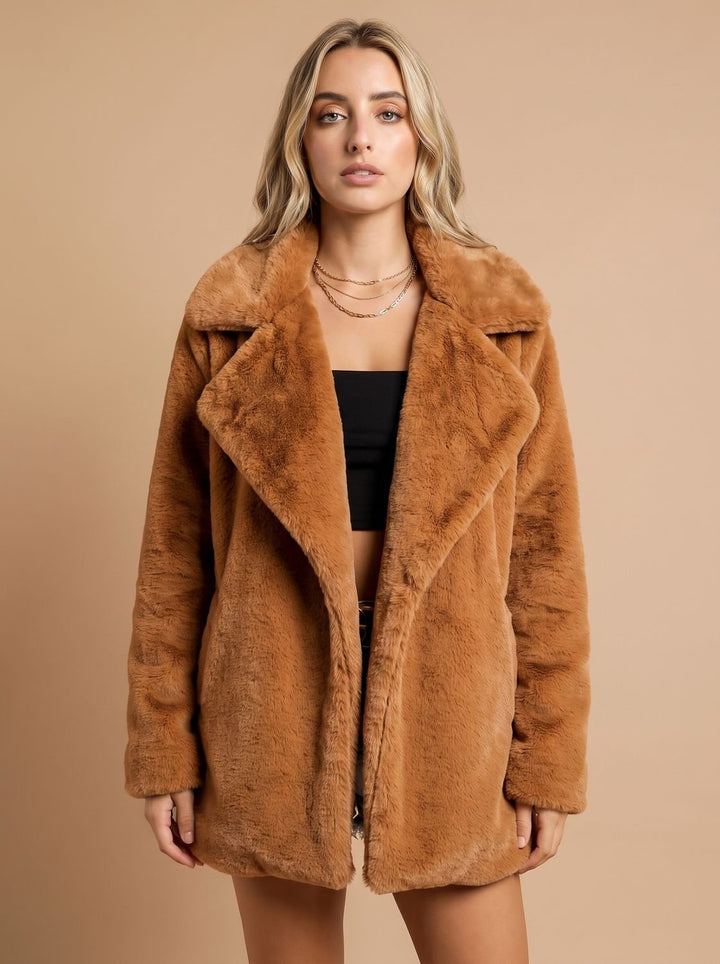Dames Korte Teddy Jas met Brede Revers Kraag Open Voorkant - Camel