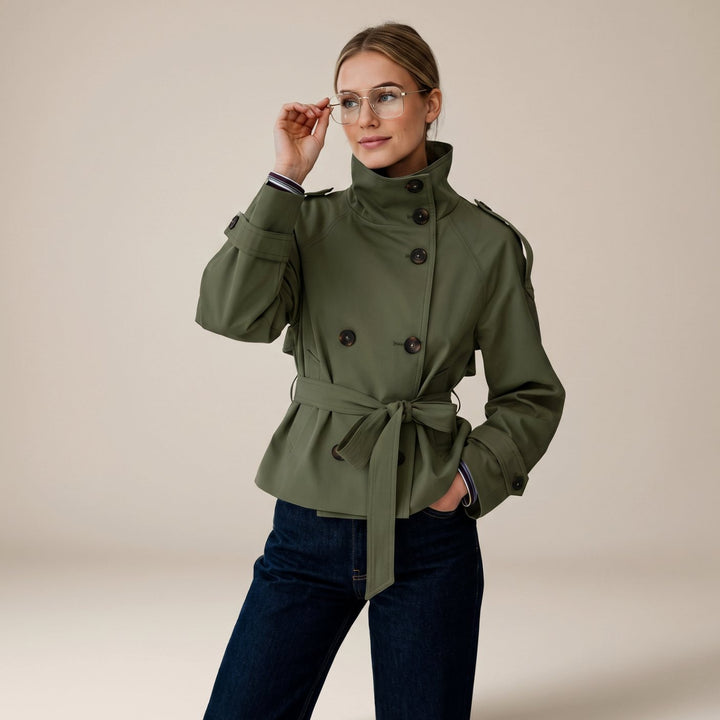 Dames Korte Trenchcoat Dubbele Knoopsluiting Tailleriem - Olijfgroen