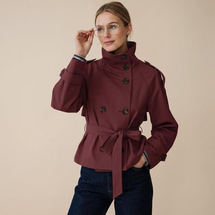 Dames Korte Trenchcoat Dubbele Knoopsluiting Tailleriem - Kastanjebruin