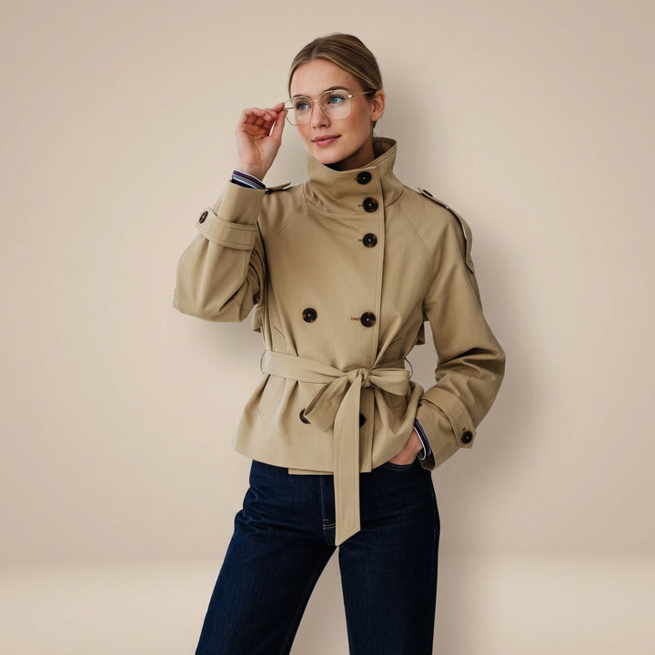 Dames Korte Trenchcoat Dubbele Knoopsluiting Tailleriem - Beige