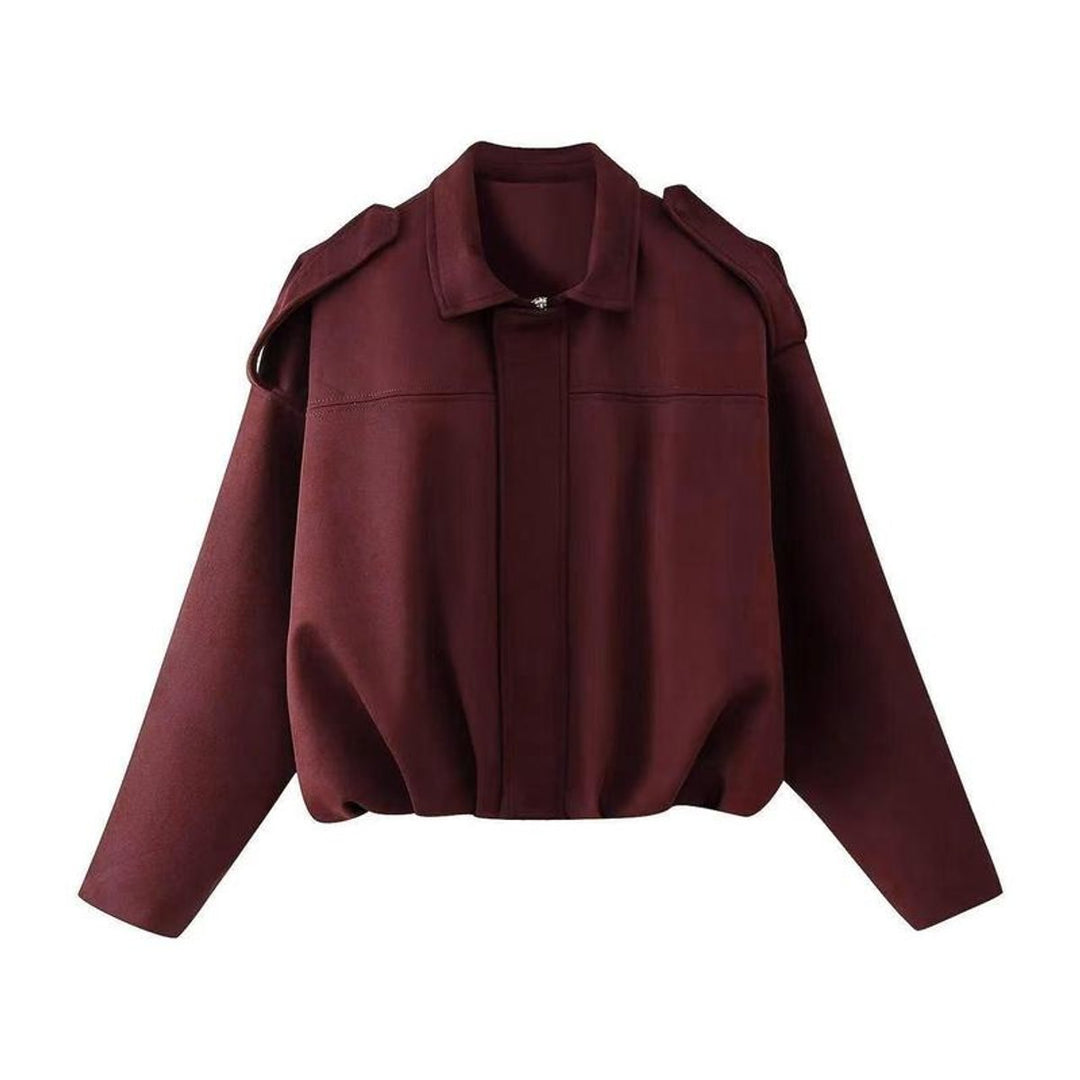 Dames Korte Vintage Faux-Suède Bomberjack Brede Schouders - Bordeauxrood