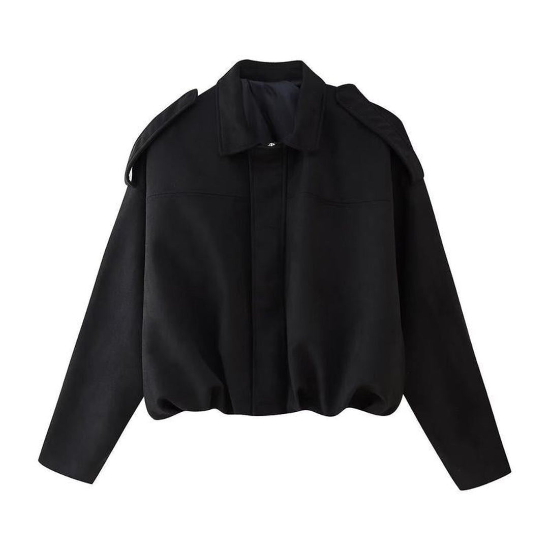 Dames Korte Vintage Faux-Suède Bomberjack Brede Schouders - Zwart