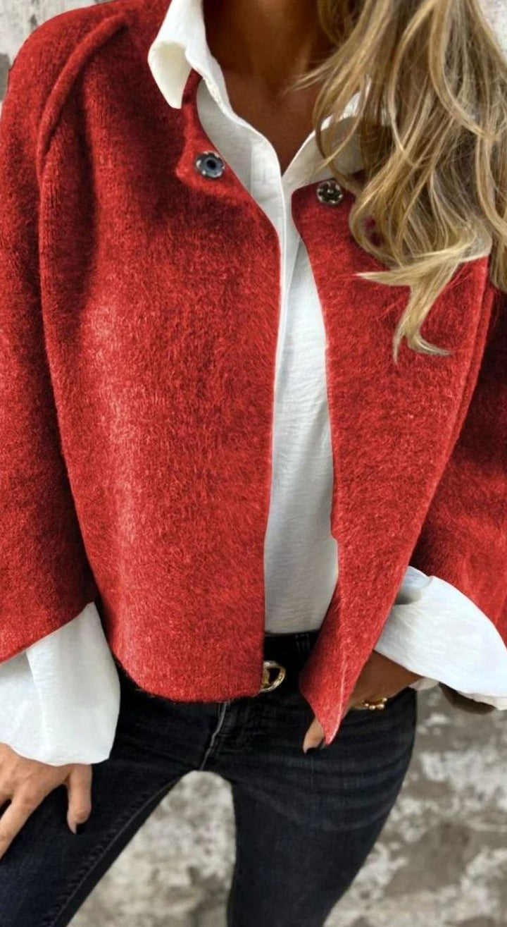 Dames Korte Wollige Winterjas Ronde Hals Sierknoppen