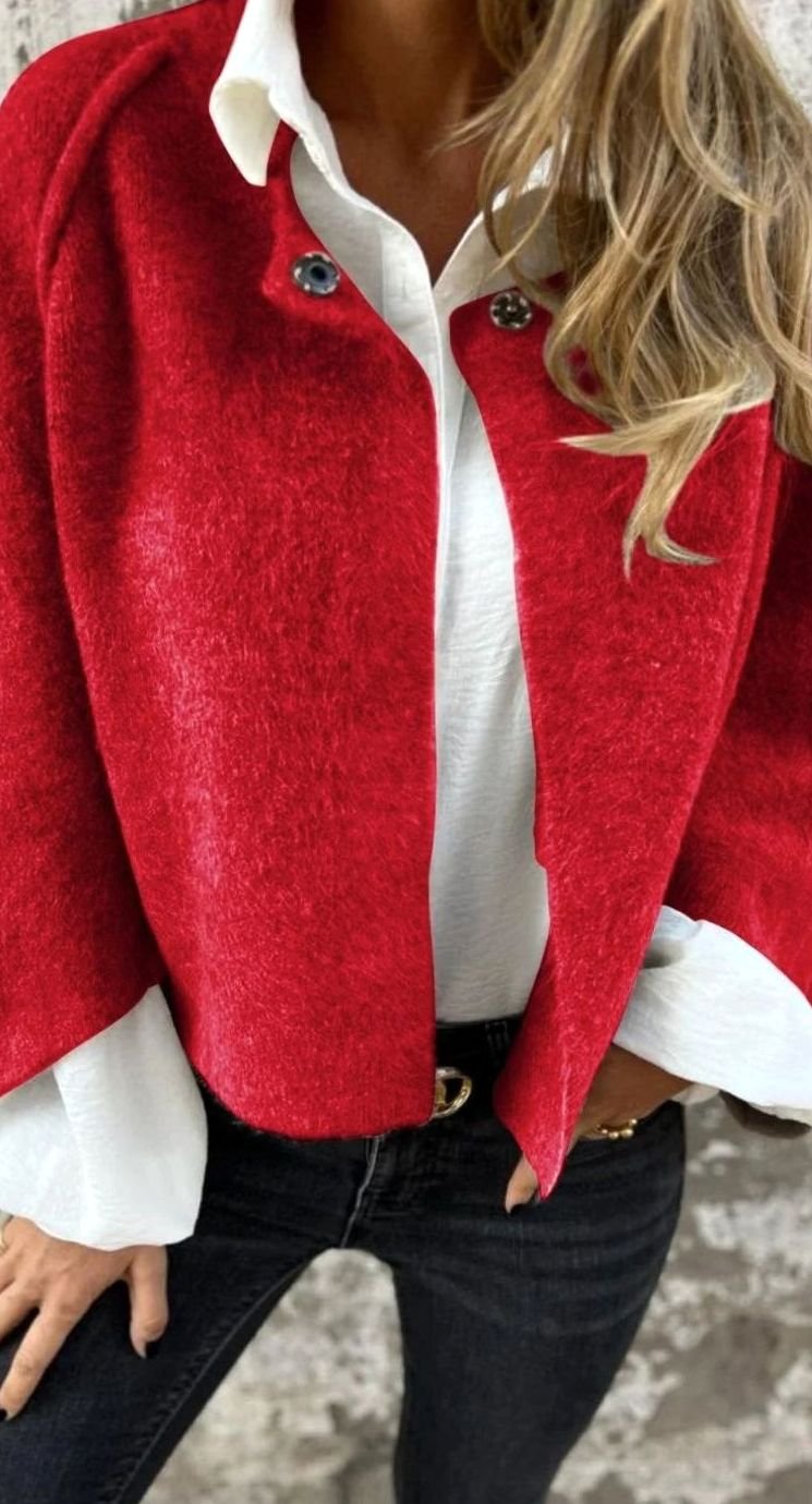 Dames Korte Wollige Winterjas Ronde Hals Sierknoppen - Rood