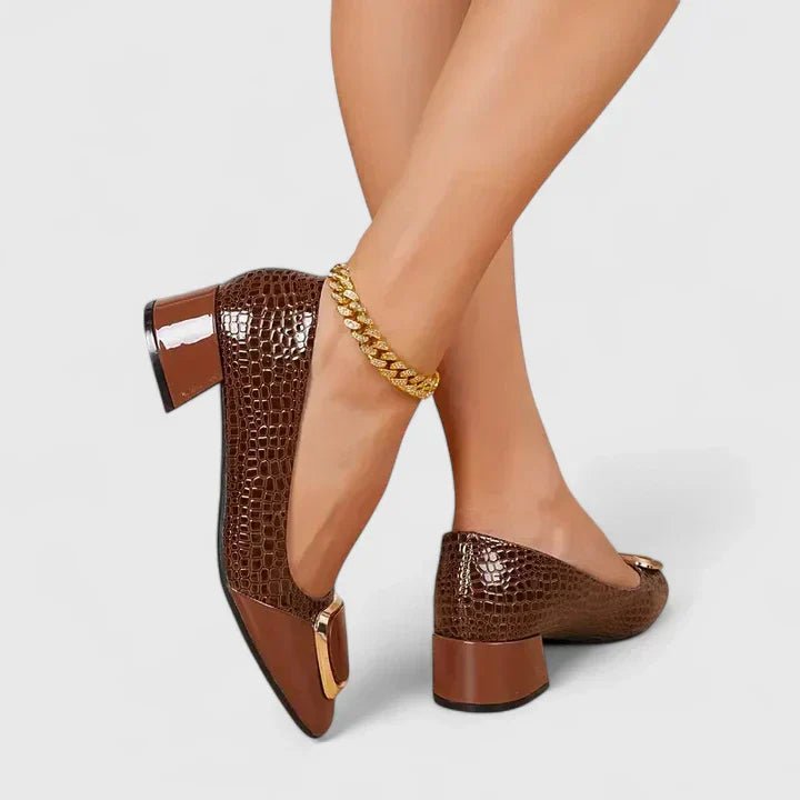 Dames Krokodillenleer-Look Blokhak Loafers Gouden Gesp - Brown