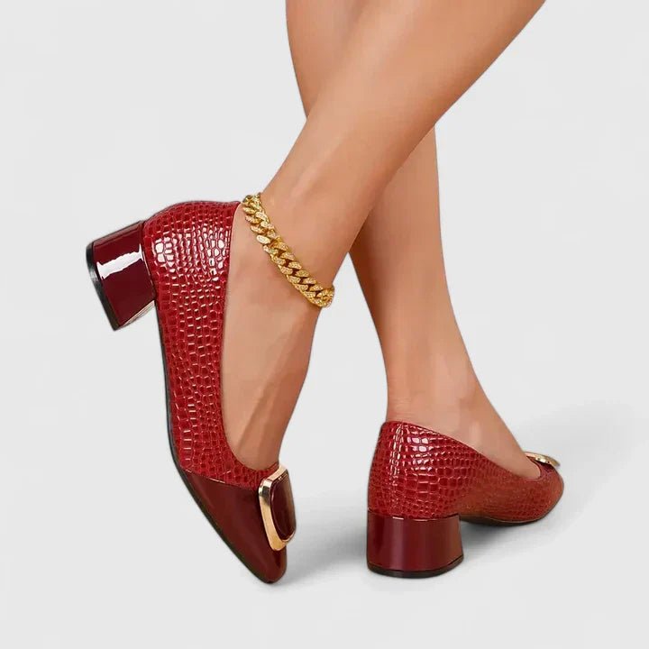 Dames Krokodillenleer-Look Blokhak Loafers Gouden Gesp - Bordeaux