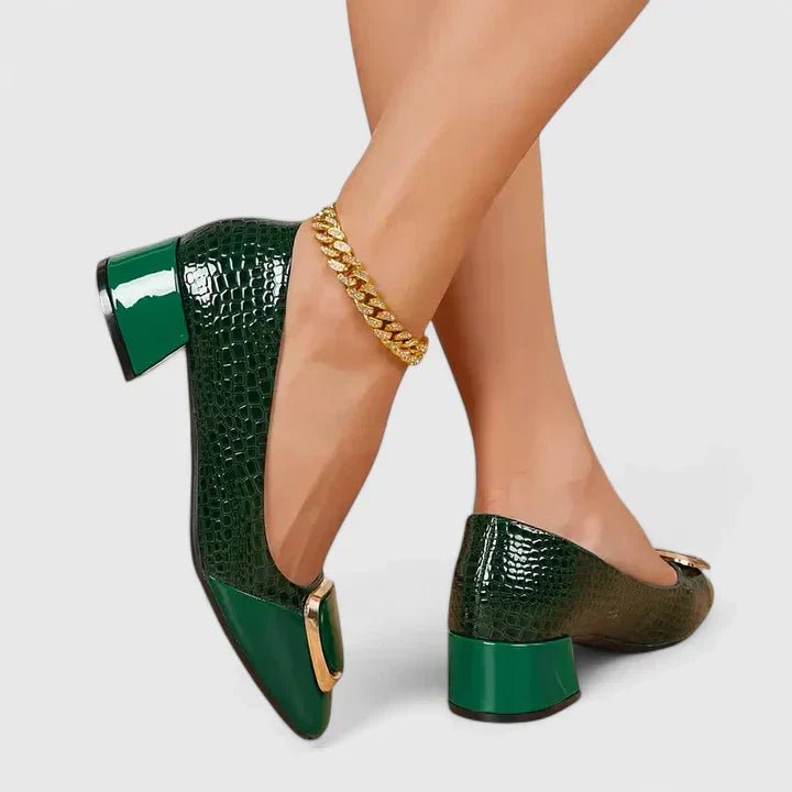 Dames Krokodillenleer-Look Blokhak Loafers Gouden Gesp - Green