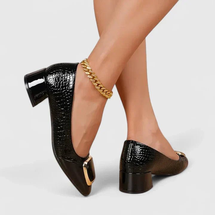Dames Krokodillenleer-Look Blokhak Loafers Gouden Gesp - Black