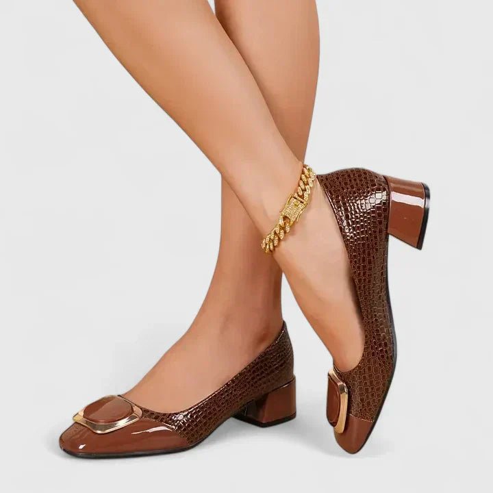 Dames Krokodillenleer-Look Blokhak Loafers Gouden Gesp