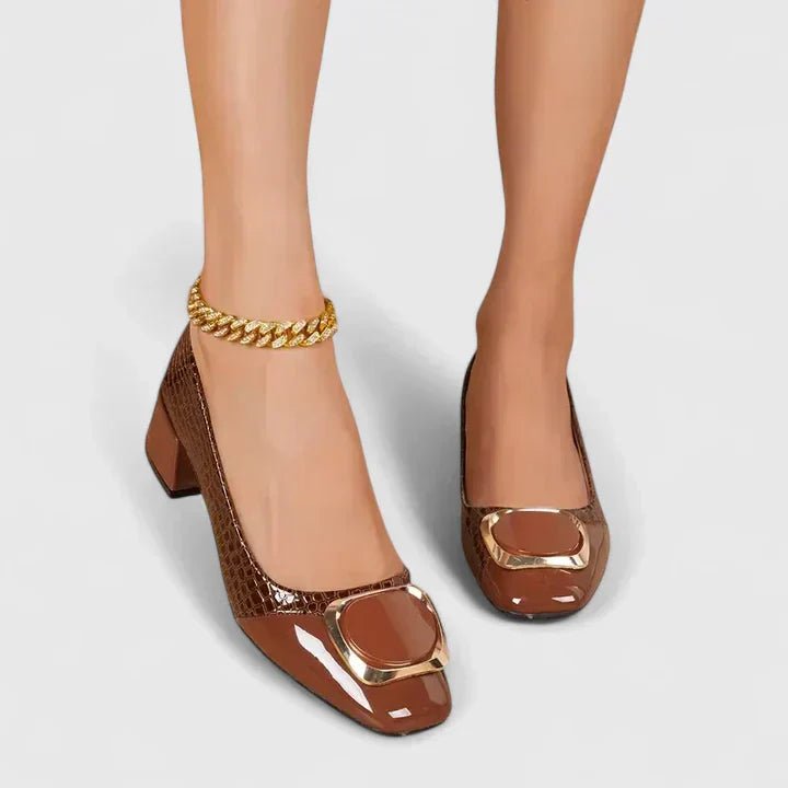 Dames Krokodillenleer-Look Blokhak Loafers Gouden Gesp