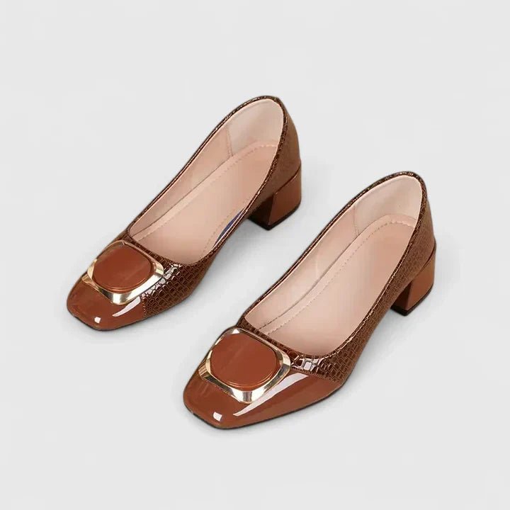 Dames Krokodillenleer-Look Blokhak Loafers Gouden Gesp