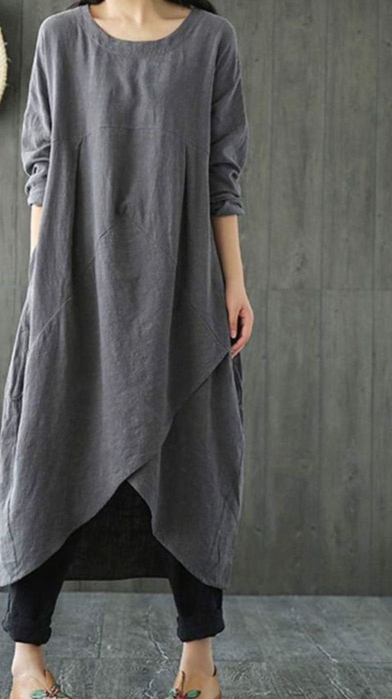 Dames Langarm Asymmetrische Oversized Midi-jurk Katoen