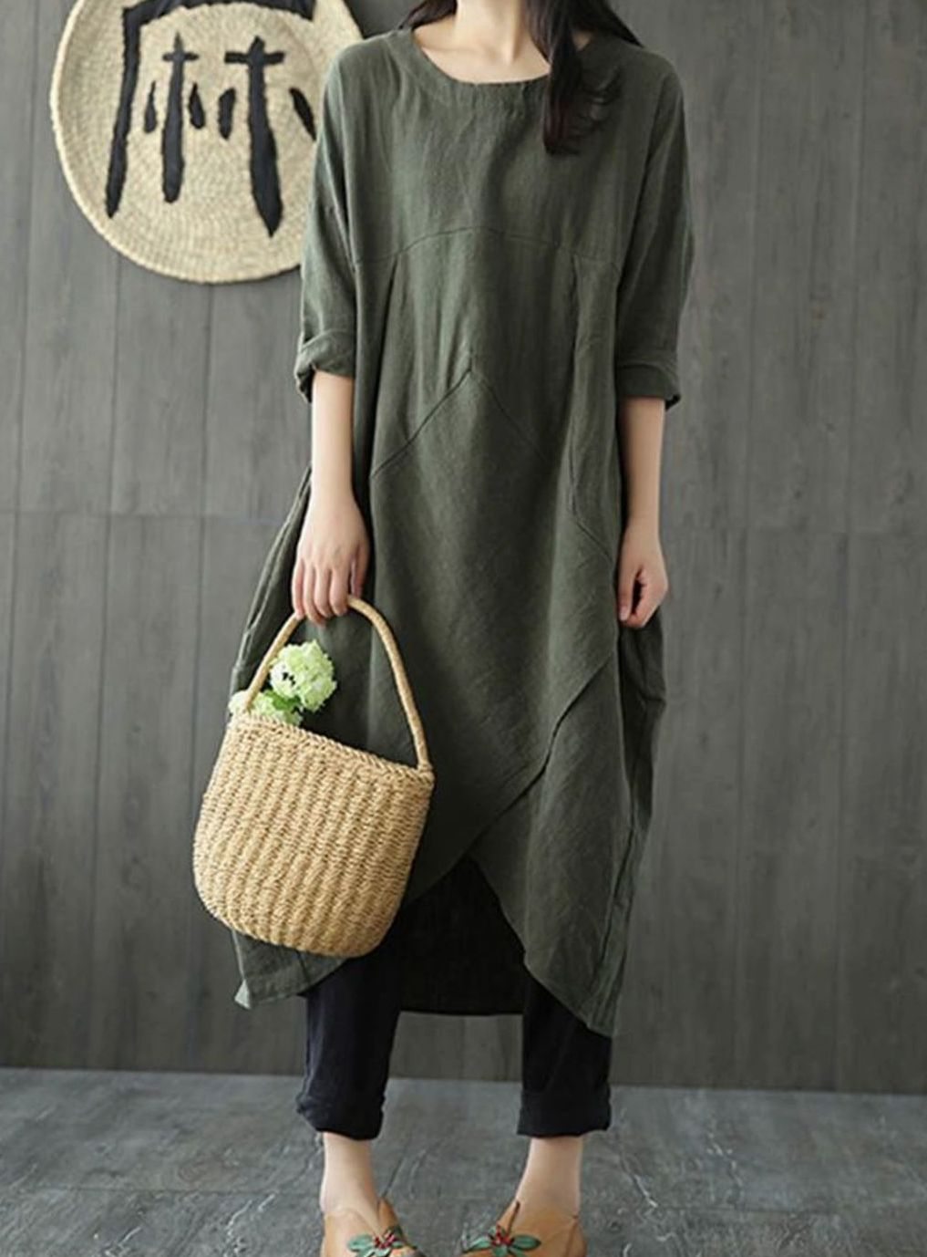 Dames Langarm Asymmetrische Oversized Midi-jurk Katoen