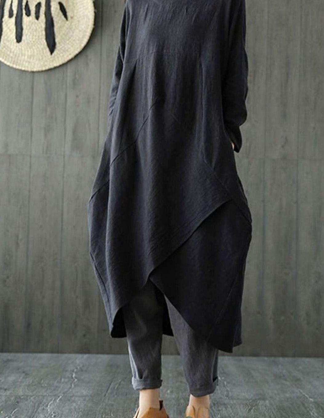 Dames Langarm Asymmetrische Oversized Midi-jurk Katoen - Zwart
