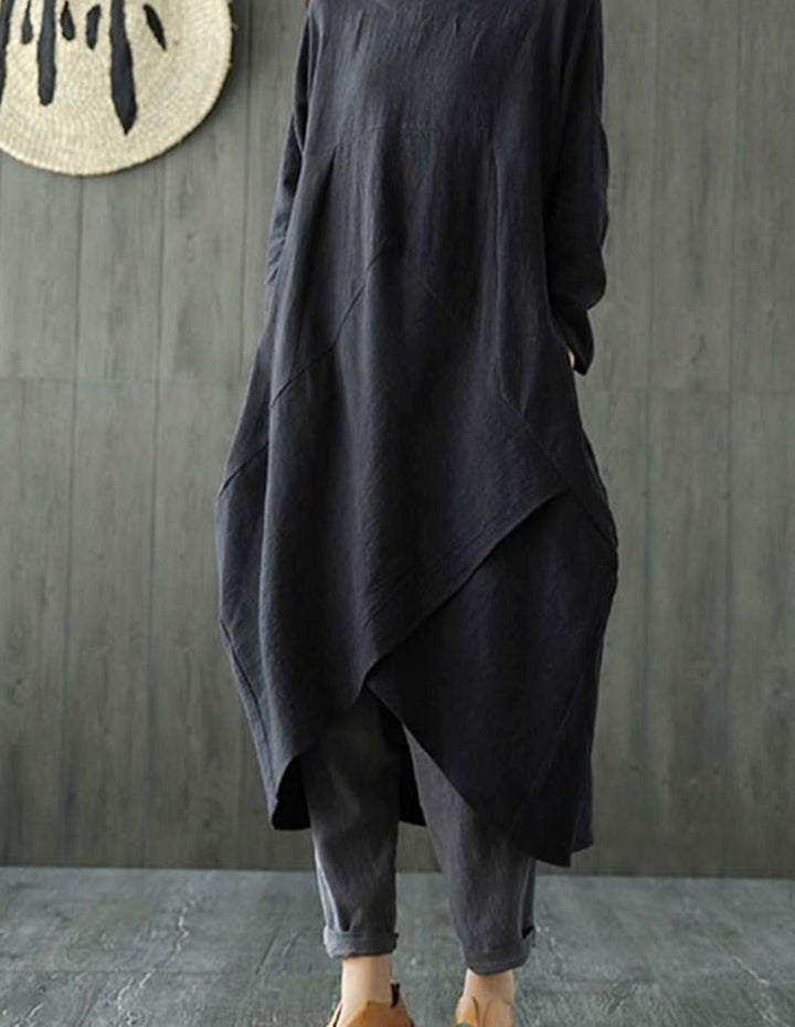 Dames Langarm Asymmetrische Oversized Midi-jurk Katoen - Zwart