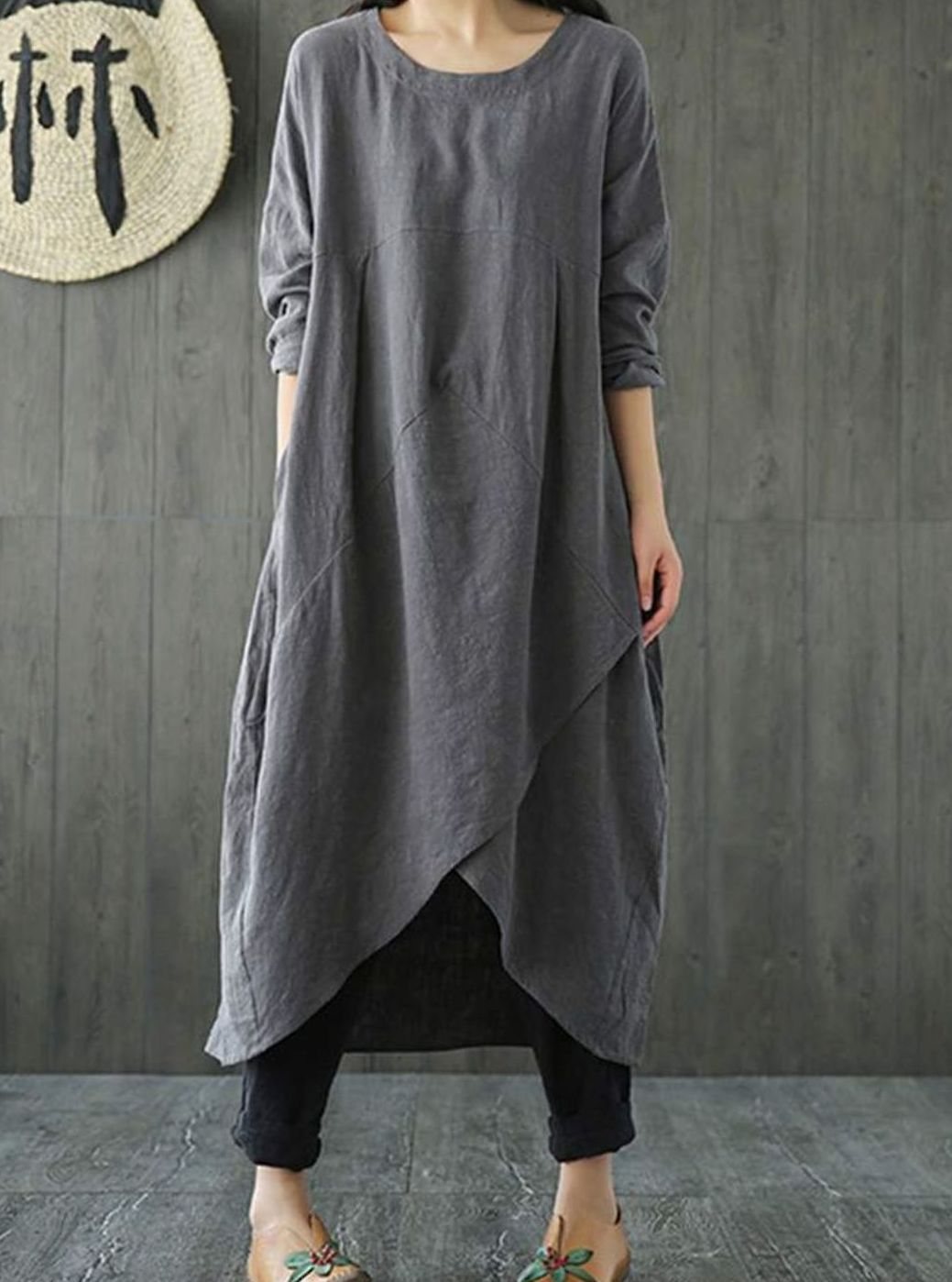 Dames Langarm Asymmetrische Oversized Midi-jurk Katoen - Grijs